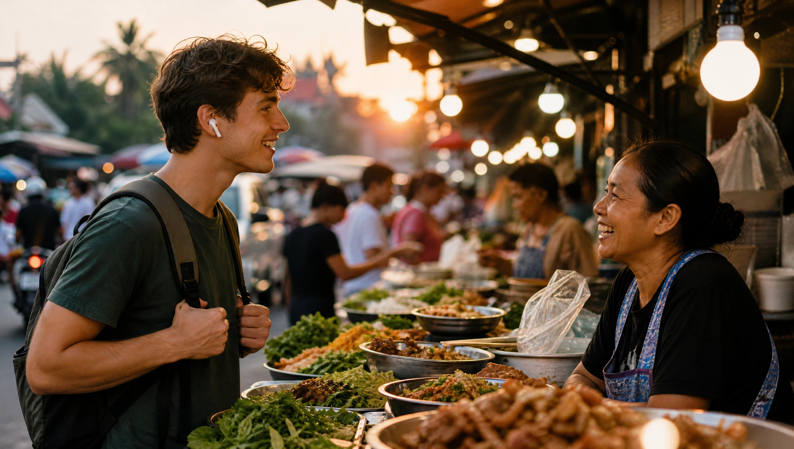Traveler wearing earphones talking with a food vendor at a Southeast Asian market