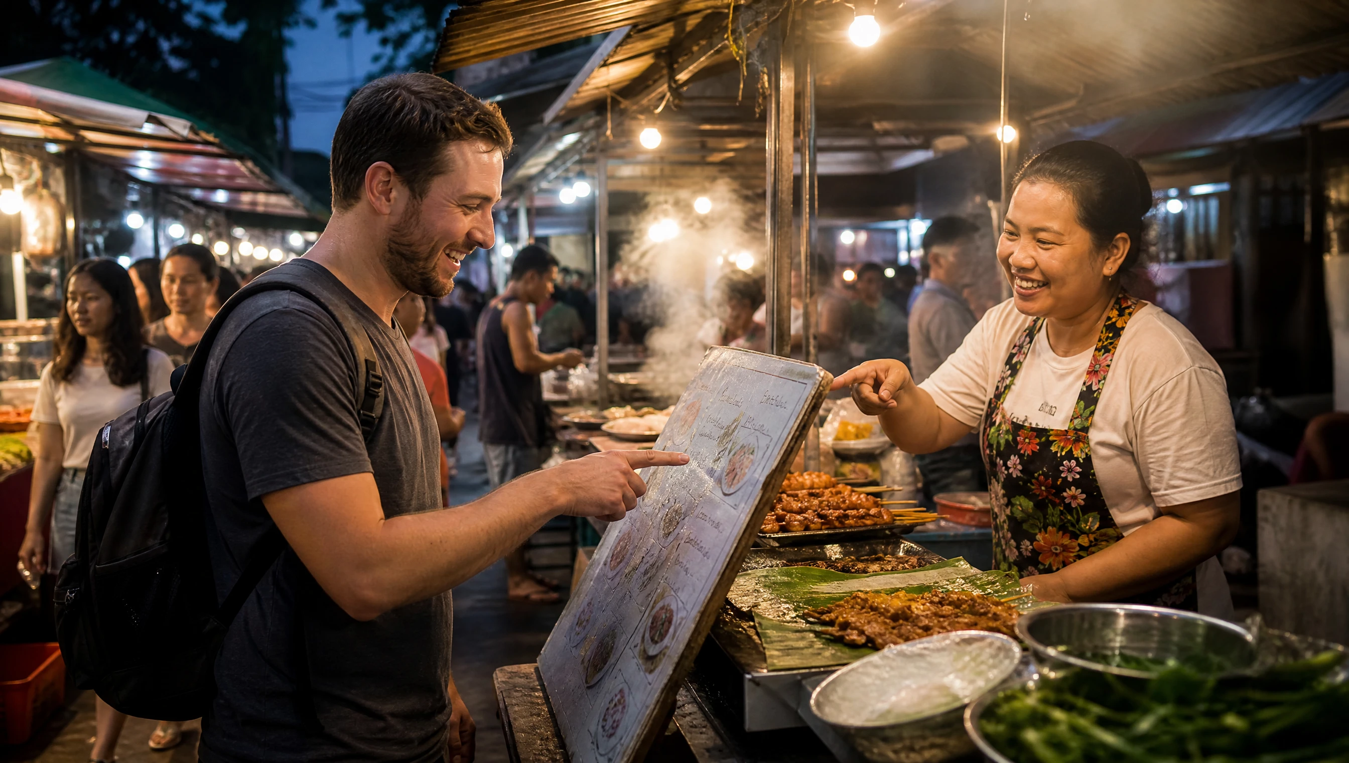 Traveler pointing at a Thai street food menu board at a night market stall