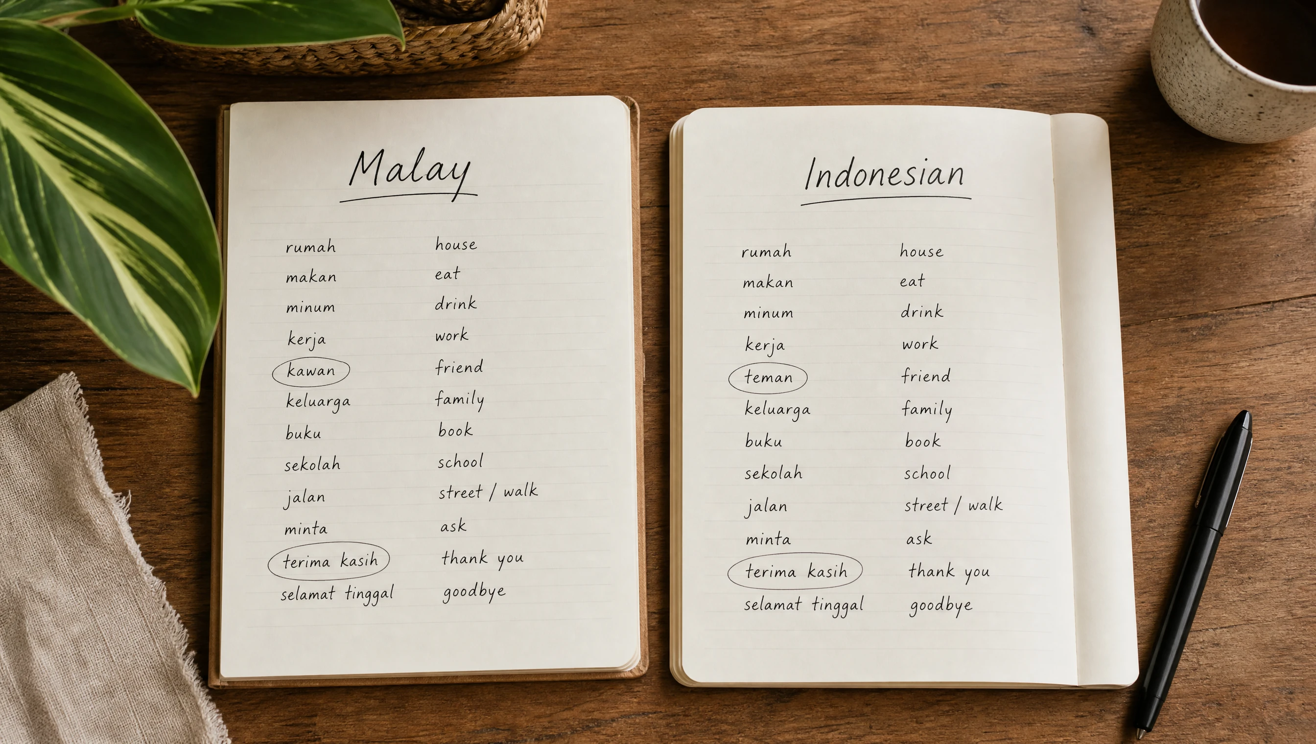 Two notebooks side by side, one labeled Malay and one labeled Indonesian, with similar word lists