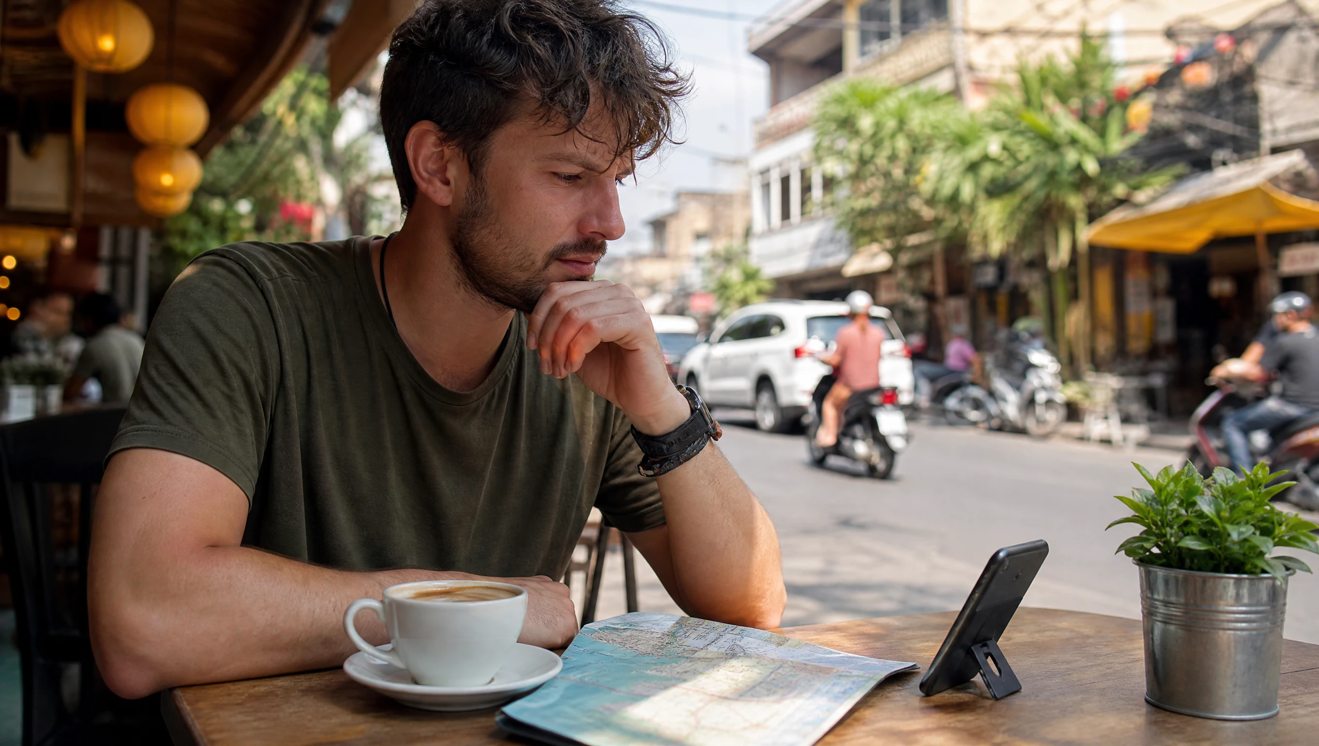 Traveler at an outdoor cafe table in a Southeast Asian city comparing translation apps
