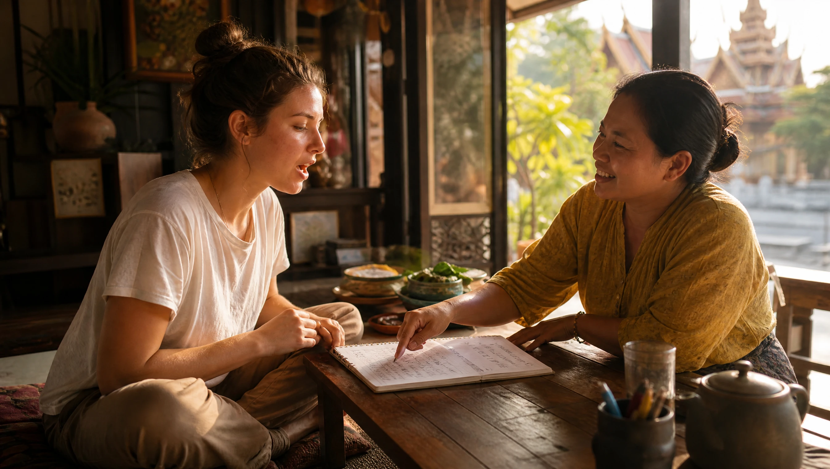 Traveler practicing speaking Thai with a local friend gently correcting pronunciation