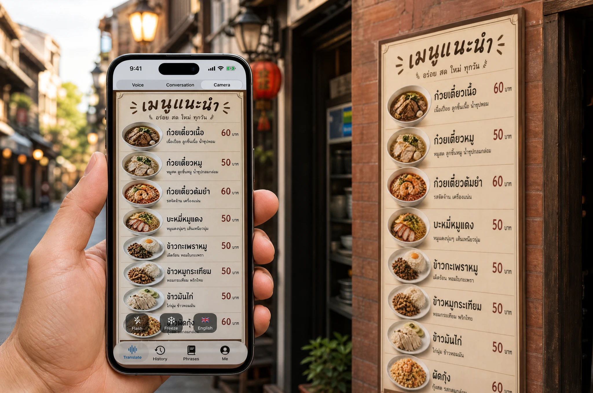 Hand holding a smartphone using camera translation to read a Thai street food menu board, next to the real board